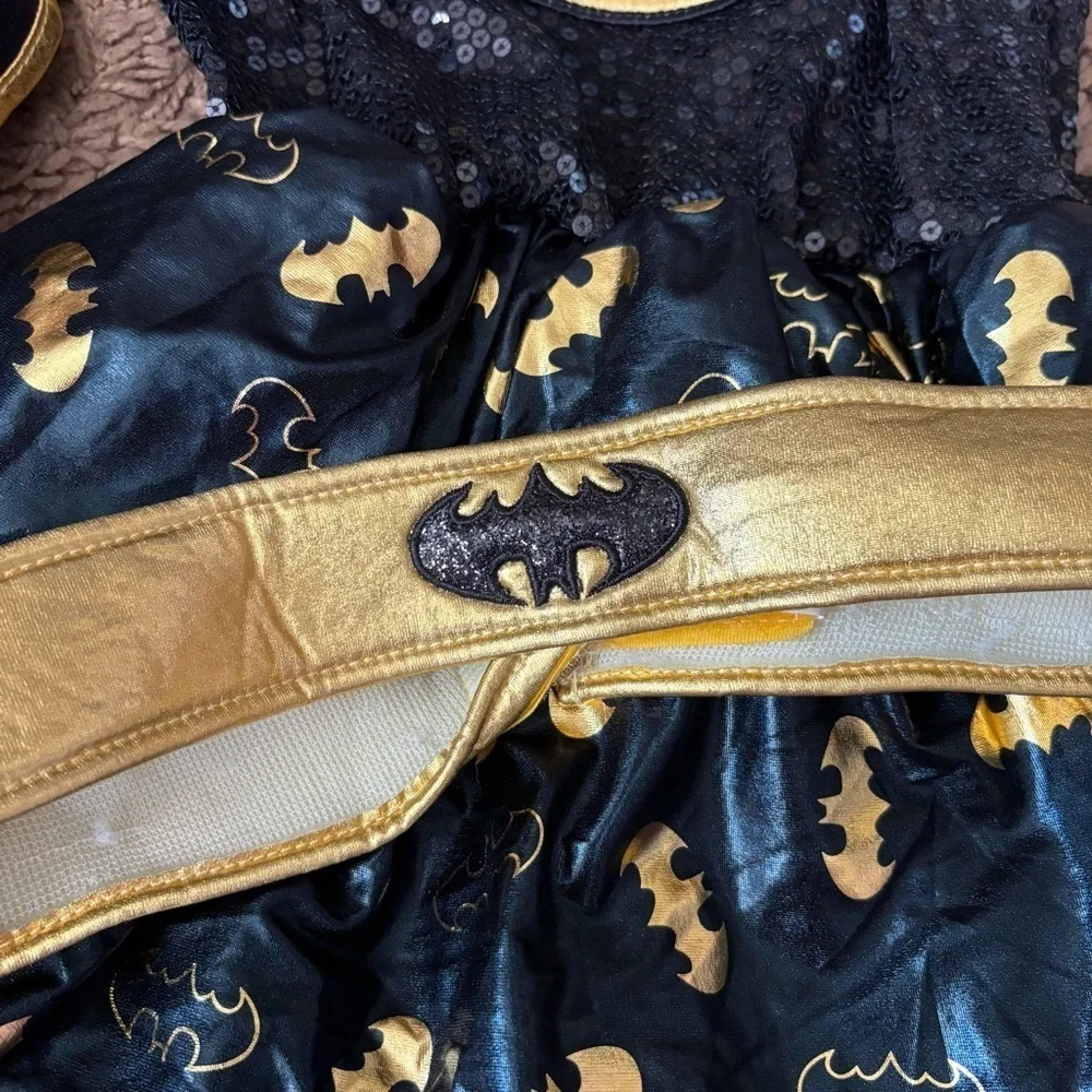 Batgirl Batman Dress Costume W/ Cape Medium Sequin Black Gold Halloween Super